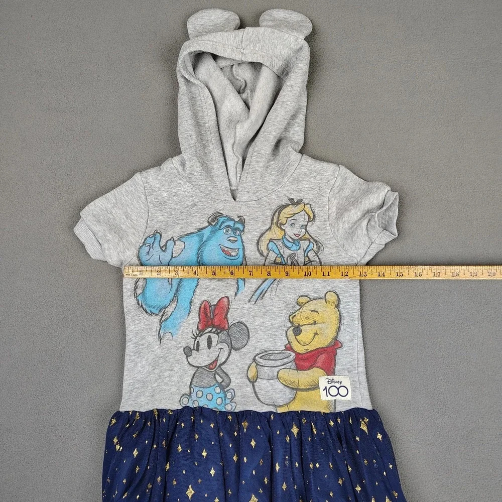 Disney 100 Years Hoodie Dress Girls 6 Blue Tulle Minnie Pooh Sulley Princess EC